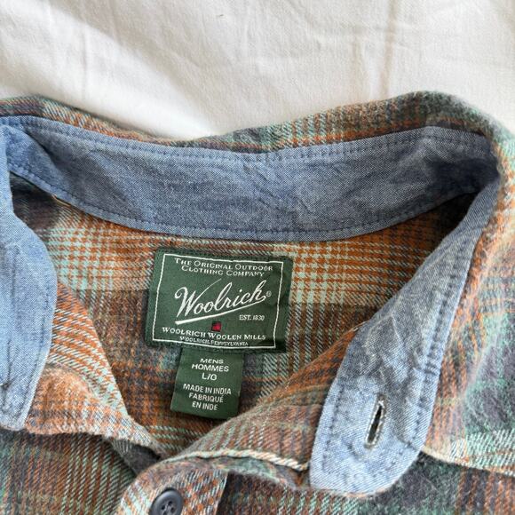 Woolrich Men’s Plaid Flannel Shirt Large Long Sleeve Button Up Denim Trim - Picture 3 of 5